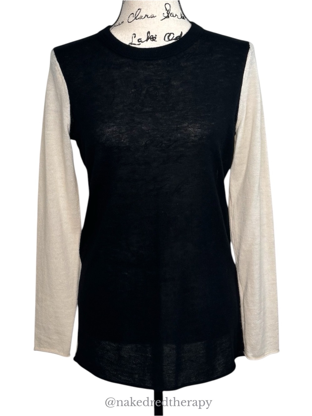 Nordstrom Cashmere Black & Cream Colorblock Long Sleeve Crewneck Top | Women Med